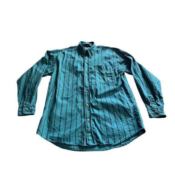 Vintage Bugle Boy Co. Striped Button Down Shirt Men’s L Faded Green Crest Logo - Picture 2 of 9